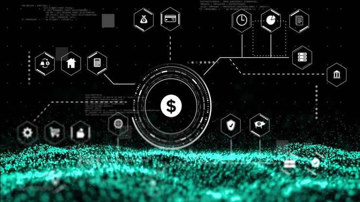 Animation of network of connections with icons and data processing over spots on black background