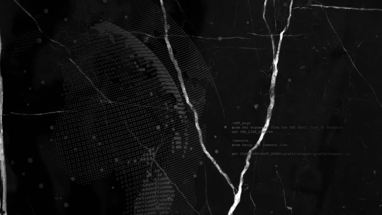 Glitch line emerging top edge visualizing network over globe while code fragments flickering