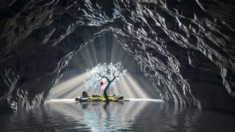 illuminated tree in a cave