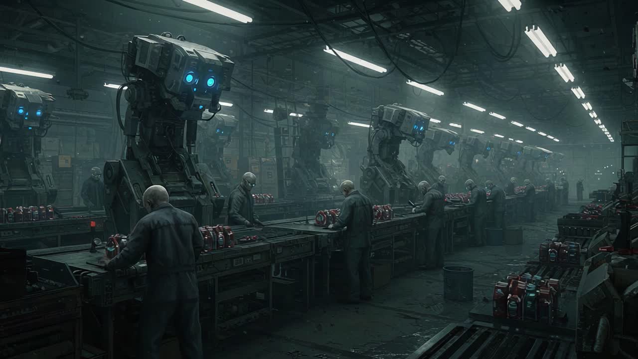 A Futuristic Manufacturing Facility Filled with Advanced Robots and Workers Engaged in Assembly Line Production in a Dimly Lit Industrial Environment