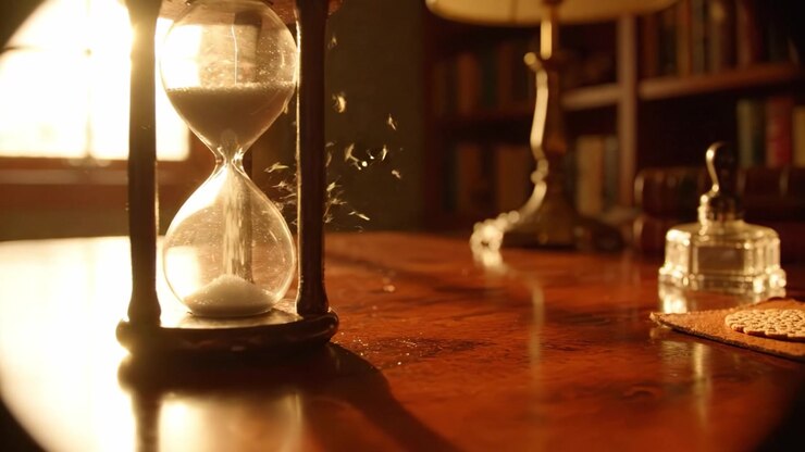 The Passage of Time: A Beautiful Close-up of an Hourglass Reflecting Light on a Polished Desk Surrounded by Vintage Decor in a Cozy Study Setting