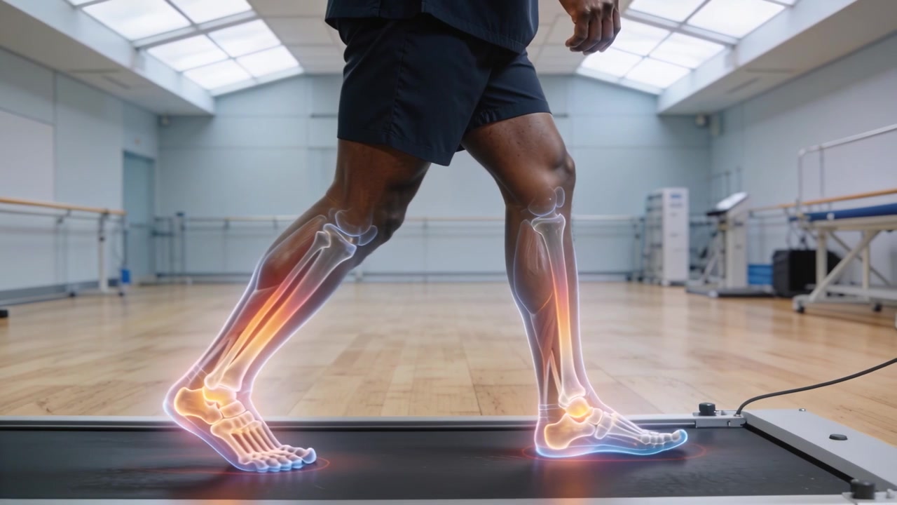Walking man in black shorts starting treadmill belt for rehab gait analysis showing anatomy overlay