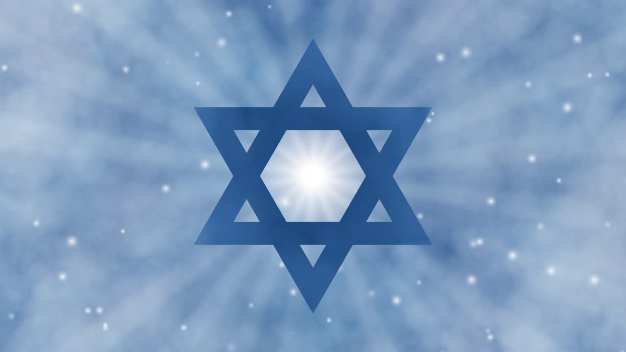 Blue Star of David symbol against heavenly background with sparkling light effects and atmospheric haze - jewish faith and religion