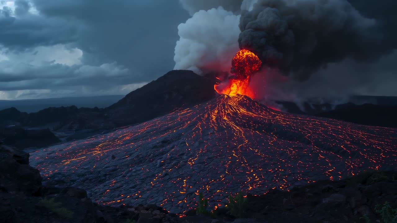 Eruzione vulcanica dopo l'ondata di magma, vulcano da una sporgenza rocciosa che erutta getti e colate laviche, formazione di una colonna di cenere