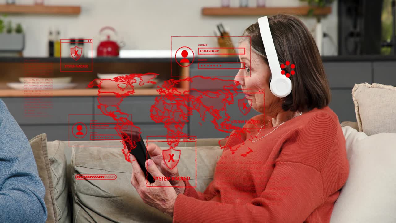 Senior man tapping tablet, causing red overlays and reacting to cyber alert while partner listening