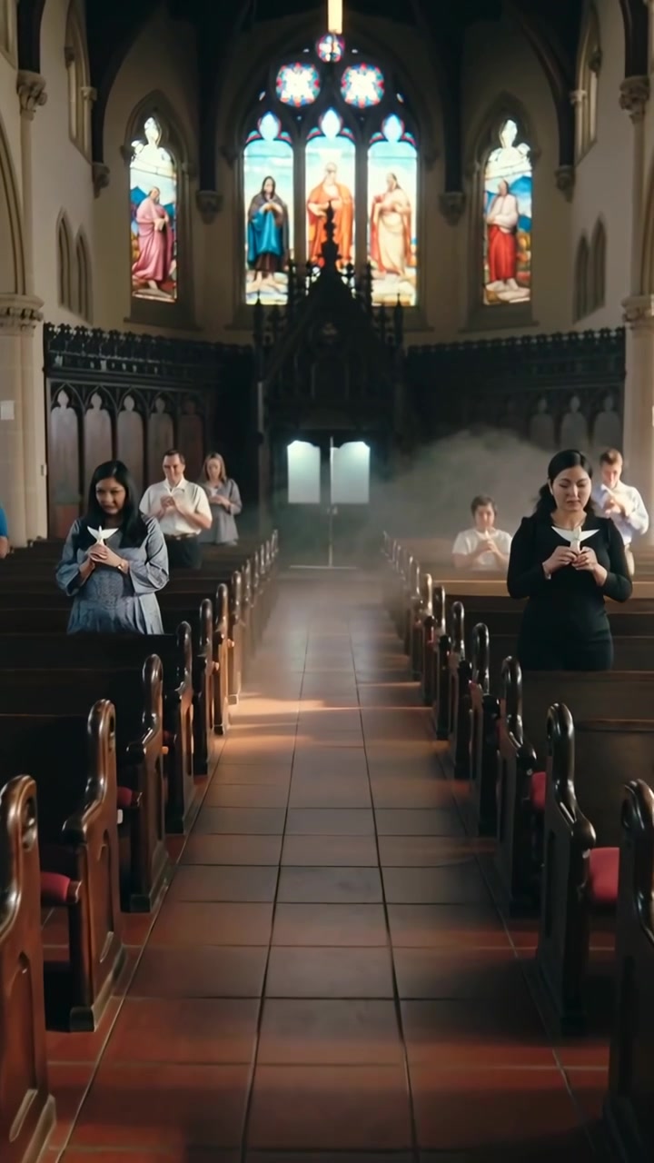 Vertical video: Standing people holding booklets praying in nave, smoke rising at rear and drifting