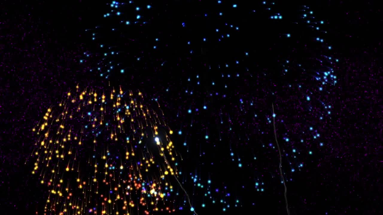 animación de buen anno texto en rosa con coloridos fuegos artificiales de año nuevo explotando en el cielo nocturno