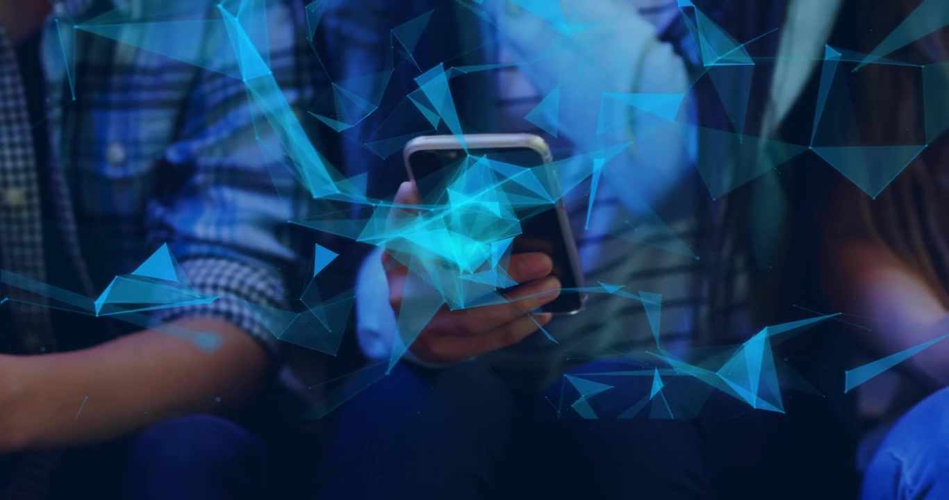 Floating blue polygon overlay entering frame, three friends tapping phones, visualizing network