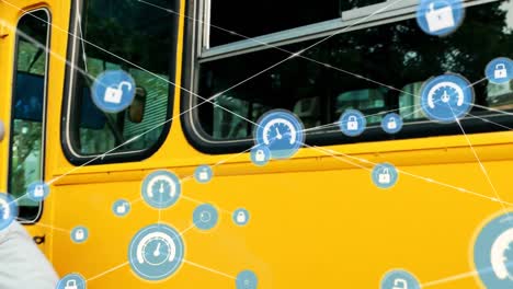 animación de un conductor de autobús caucásico hablando en teléfono inteligente a través de una red de conexiones con iconos.