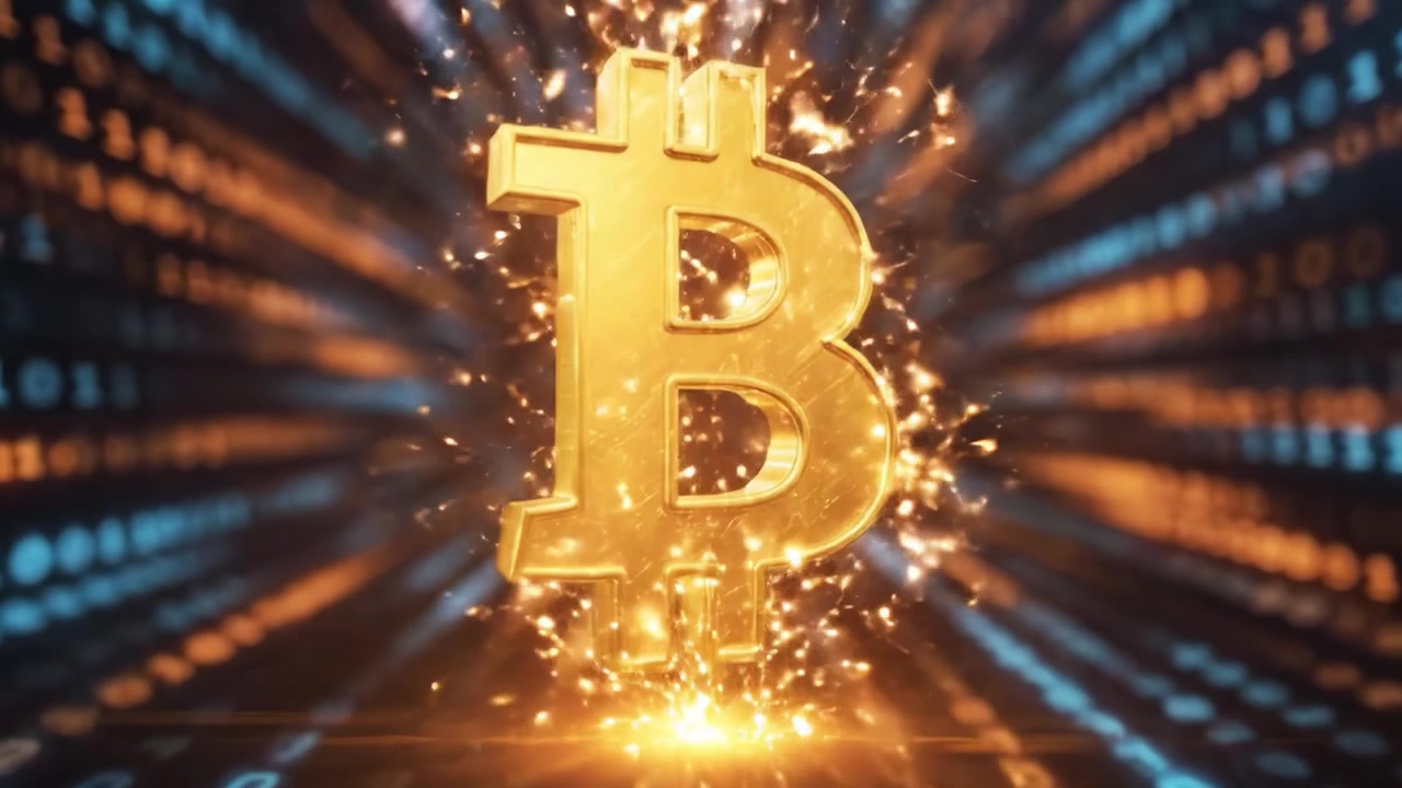 Explorando o Mundo Digital da Criptomoeda com Padrões Vibrantes de Código Binário Cercando o Símbolo Icônico do Bitcoin em um Estilo Moderno e Futurista