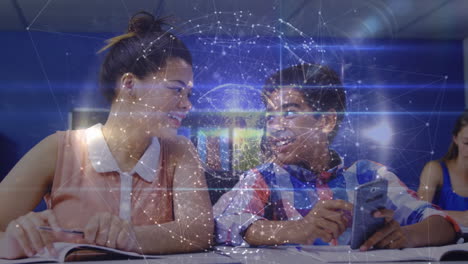 animation of data processing over diverse students talking