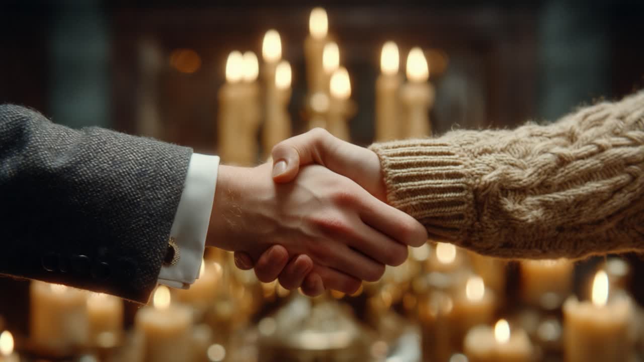 A Symbolic Gesture of Agreement: Two Individuals Shaking Hands Amidst Soft Candlelight, Signifying Unity and Collaboration in an Intimate Setting