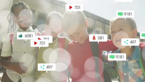 animation of social media icons and data processing over diverse schoolchildren and lights