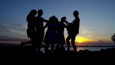 silhouette of people with guitar on sunset beach