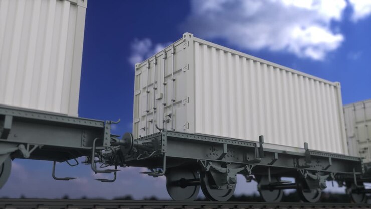 Cargo train with blank white containers. Railway transportation. Seamless loop 4K