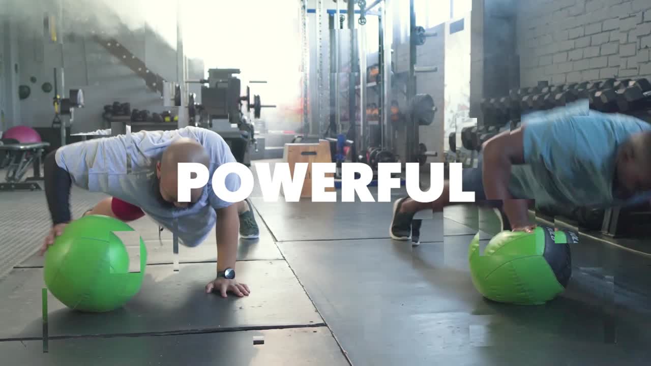 Sceny fitness i treningowe z szybkimi efektami glitch i przejściami
