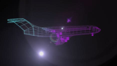 Animation-of-3d-airplane-drawing-spinning-on-glowing-background