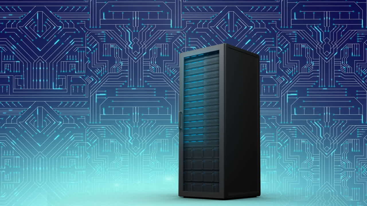 Mainframe computer and glowing blue circuit board