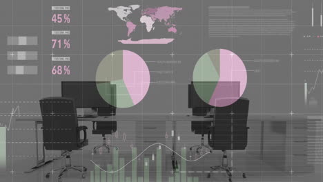 Animation-of-financial-data-processing-over-desks-with-computers-on-white-background