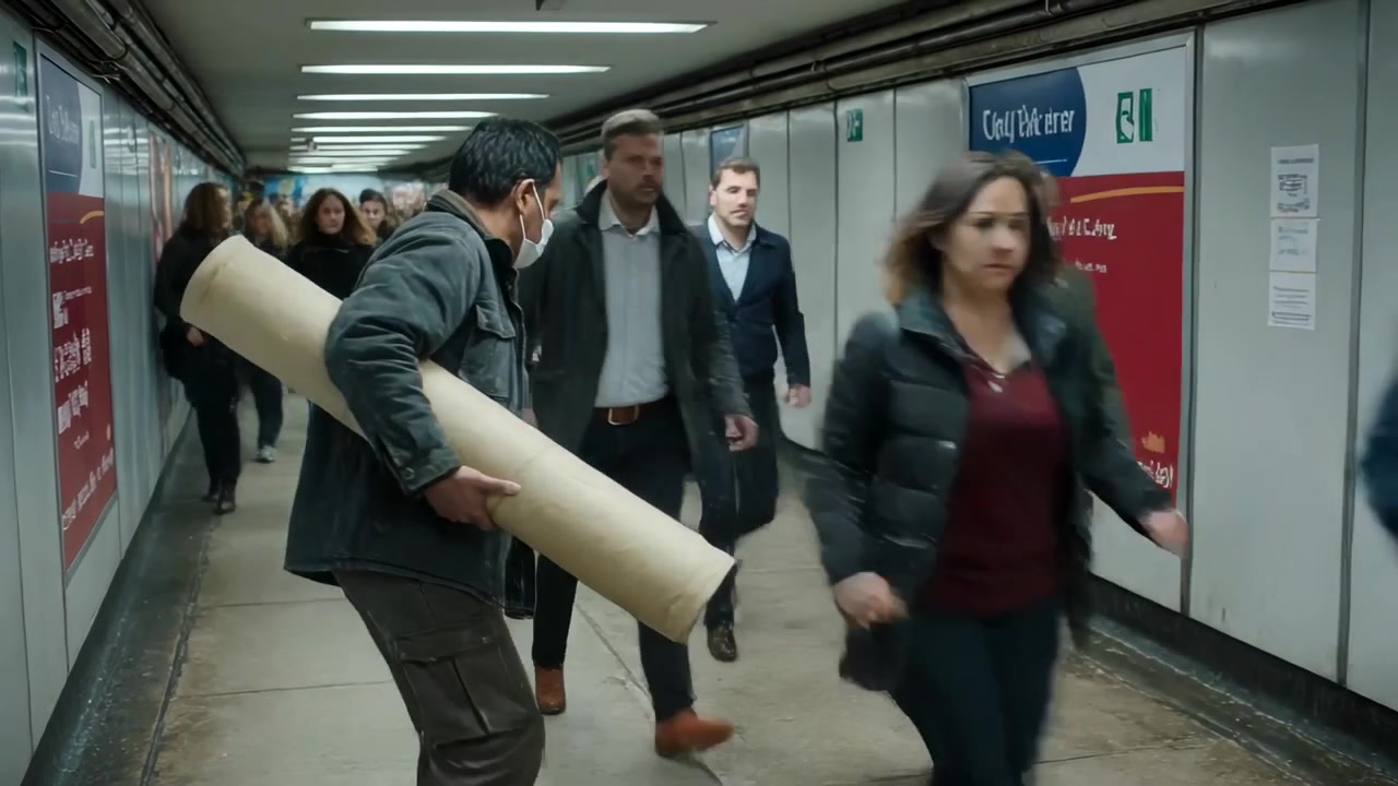 Maskeret mand vinkler rullet rør i metrotunnel, mens en menneskemængde i frakker nærmer sig, med plads til tekst.