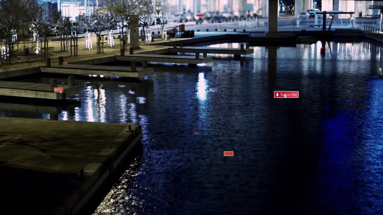 Single red marker pulsing, UI labels growing and drifting across water, showing subscribe prompts