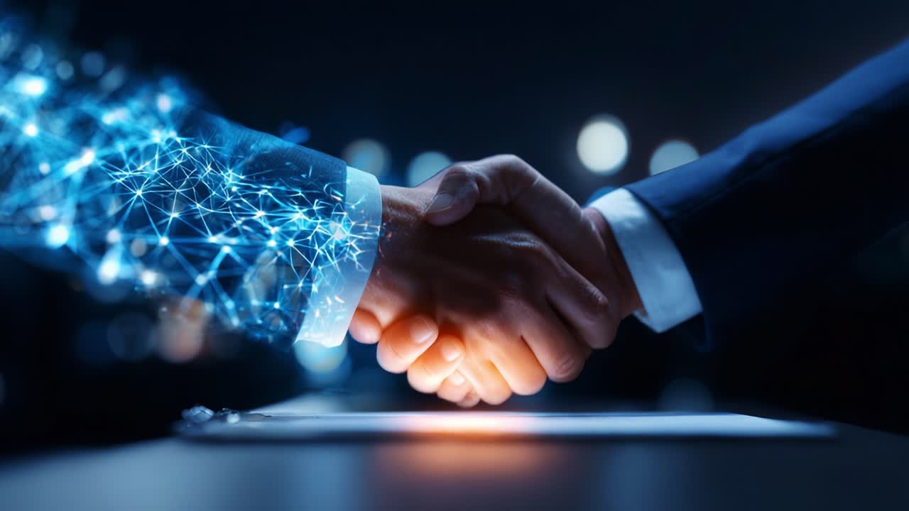 A Dynamic Representation of Collaboration and Trust: A Futuristic Handshake Shows the Fusion of Technology and Human Connection in Today's Business Landscape