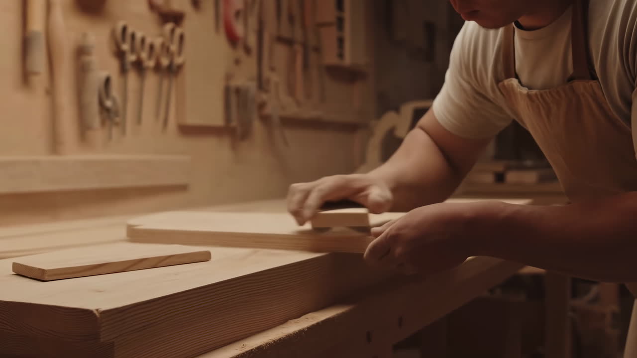 Carpintero lijando madera con un taco de lija en un taller