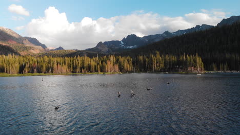 aerial shot of glacial mountains, pine trees and alpine lake in sierra nevadas, mammoth lakes california