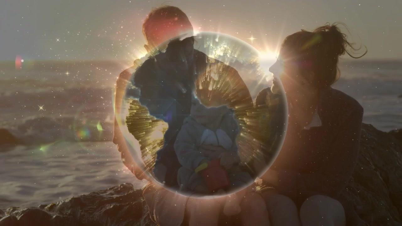 Pais segurando um bebê, com um globo ativado pelo sol desaparecendo para um halo pulsante ao redor deles, guiando designers.