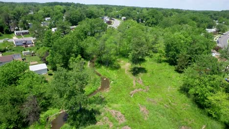 Plano-Medio-De-Humedales-Y-Arroyo-En-Medio-De-Un-Vecindario-De-Restauración-De-Humedales-Ambientales-Suburbanos