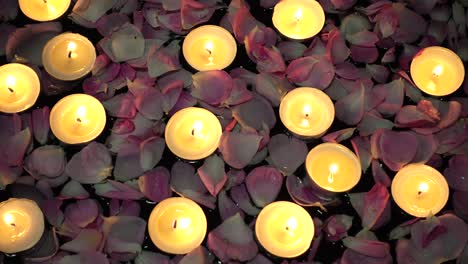roses and candles on a black background.