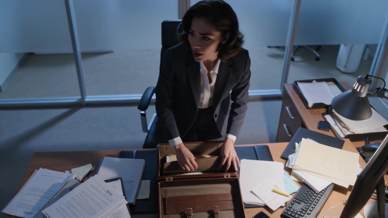 Leaning woman in dark blazer sorting blue folder into briefcase at office desk preparing to leave