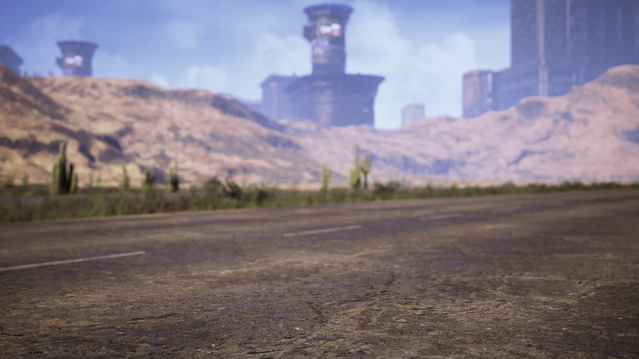 Desert landscape with abandoned buildings and a worn road in bright daylight