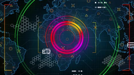 Animación-Del-Alcance,-Marcadores-Y-Procesamiento-De-Datos-Sobre-El-Mapa-Mundial