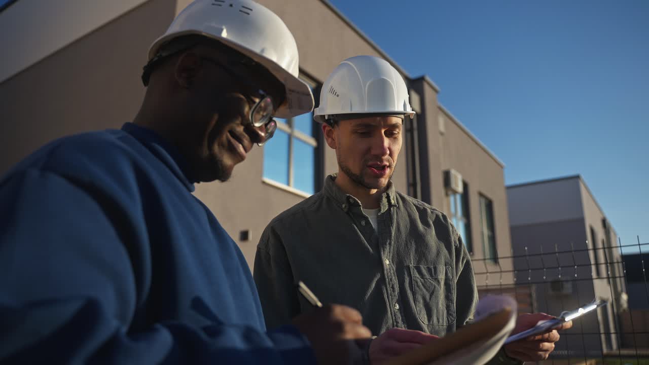 Construction Workers Reviewing Plans at Building Site