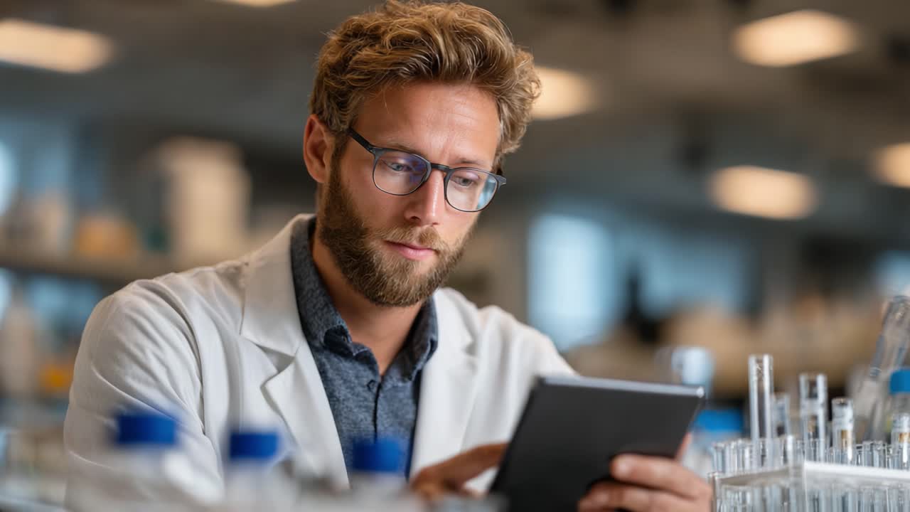 Focused Scientist in Laboratory Checking Data on Tablet while Surrounded by Test Tubes and Equipment, Highlighting the Intersection of Technology and Research