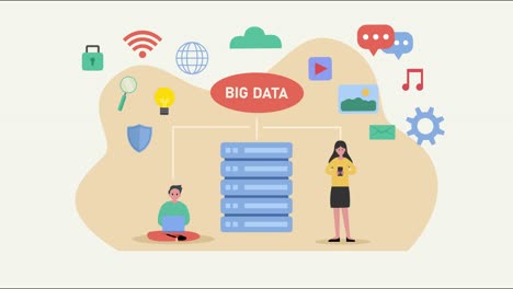 two people using digital device with big data text