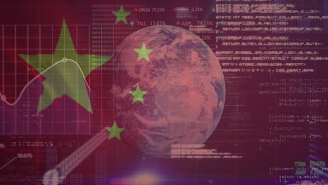 animation of chinese flag flowing over globe and data processing