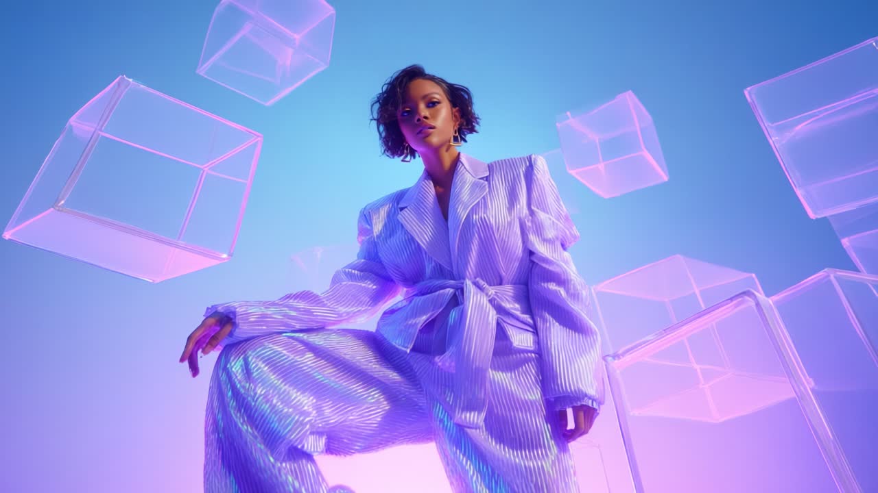 A Fashionable Model Poses Elegantly in a Striking Purple Striped Suit Surrounded by Floating Transparent Cubes, Capturing the Essence of Modern Style and Artistic Expression with a Futuristic Vibe