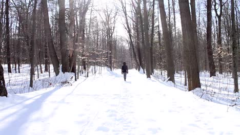 backview of a woman on deep snow road at sunny day