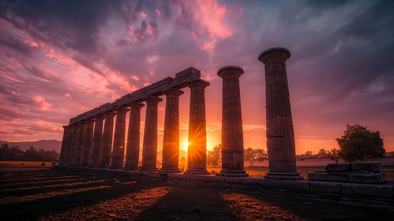 Sun descending behind colonnade, columns casting diagonal shadows across field, creating twilight