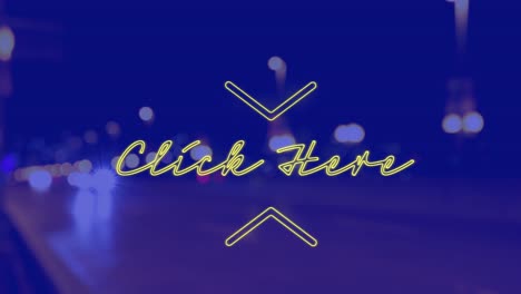 animación de clic aquí texto sobre el paisaje urbano por la noche sobre fondo azul