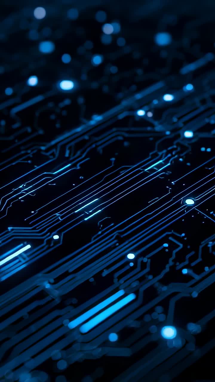 Vertical video: Camera panning circuit board revealing glowing traces and nodes in close-up