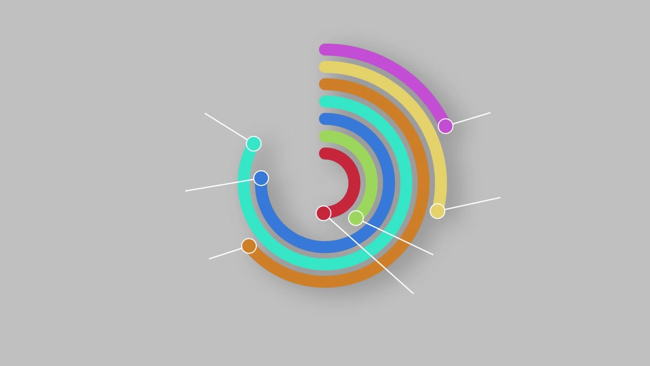 Animation of statistics circles with markers moving over grey background