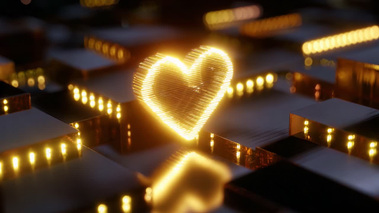 A captivating animated golden heart symbol illuminated against a backdrop of shining metallic surfaces, creating a mesmerizing visual of love and beauty through glowing light patterns in a digital landscape