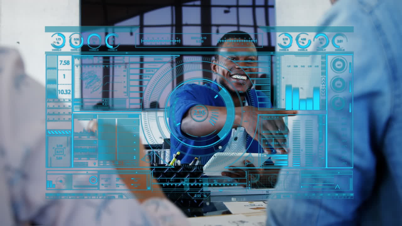 Animation of financial data processing over diverse business people in office