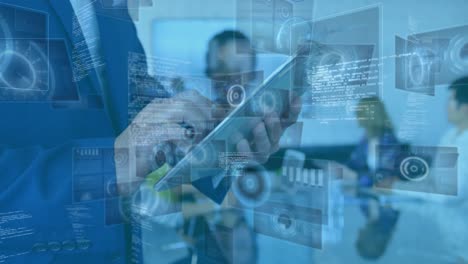animation of digital screens with data moving over hands of caucasian businessman using tablet