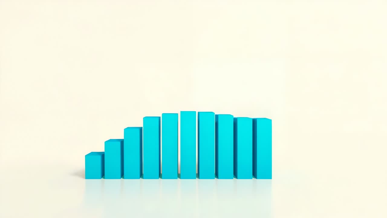 Sliding turquoise bars reordering on glossy studio floor at start, forming center peak then falling