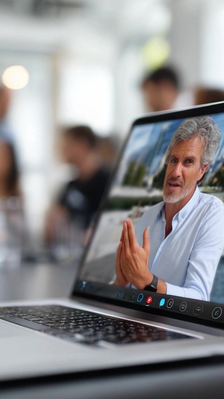 Virtual Meeting: Engaging Male Presenter Discusses Important Topics via Video Call with Audience in Background Observing and Participating in Discussion