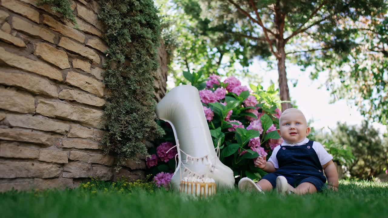 Cute baby boy celebrating his first birthday. Lovely child sits on the grass in the garden with a cake and balloon shaped like number one.